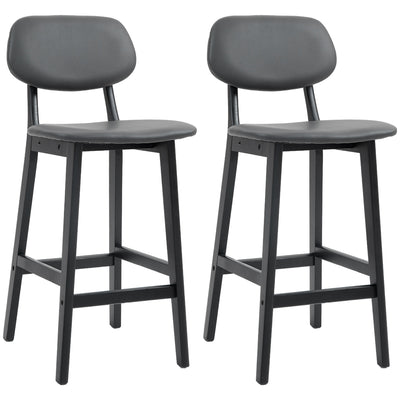 HOMCOM Bar Stools Set of 2, Contemporary Breakfast Bar Chairs, Faux Leather Upholstered Kitchen Stools with Backs and  Solid Wood Legs, Dark Grey 