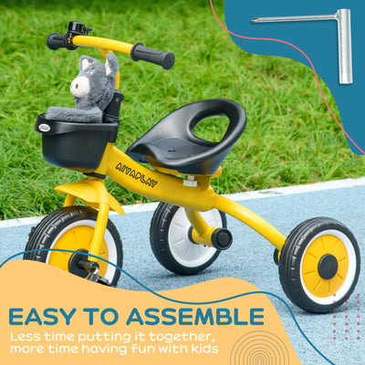 AIYAPLAY Kids Trike, Tricycle, with Adjustable Seat, Basket, Bell, for Ages 2-5 Years - Yellow 