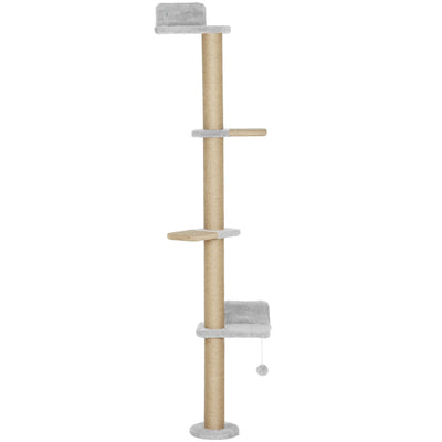 PawHut Wall Mounted Cat Shelves, Cat Climbing Wall with 4 Climbing Platforms, Jute Scratching Post and Toy Ball,180cm Tall, Light Grey 