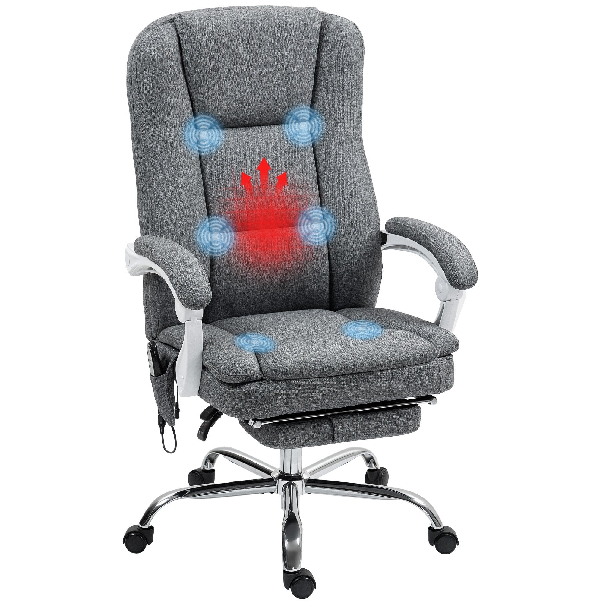 HOMCOM Executive Office Chair with 8-point Massage and Heat, Fabric Computer Desk Chair with Reclining Backrest, High Back, Height Adjustable, Swivel Wheels, Footrest, Remote, for Home, Grey 