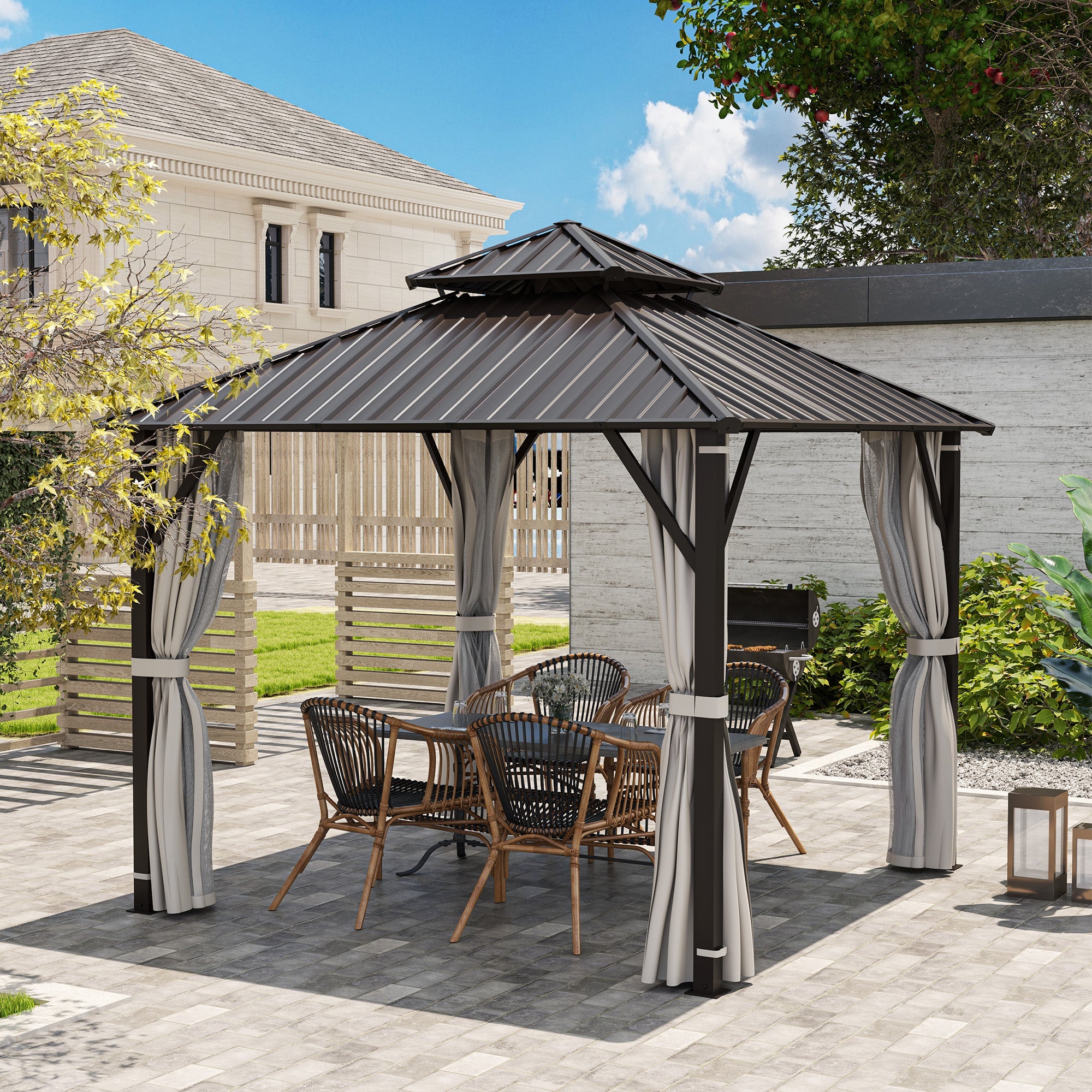 Outsunny 3 x 3(m) Hardtop Gazebo Canopy with Double Metal Roof, Waterproof Permanent Pavilion Garden Gazebo with Netting and Curtains, Easy to Assemble 