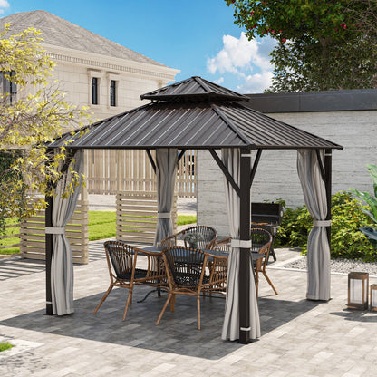 Outsunny 3 x 3(m) Hardtop Gazebo Canopy with Double Metal Roof, Waterproof Permanent Pavilion Garden Gazebo with Netting and Curtains, Easy to Assemble 