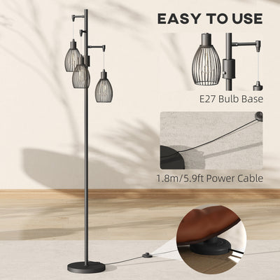 HOMCOM 3-Light LED Floor Lamp, 170cm Industrial Dimmable Standing Lamp with Steel Wire Cage Lampshades, 2700K for Living Room, Bedroom, Dining Room, Study, Black 