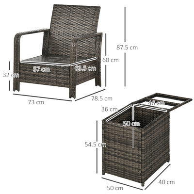 Outsunny 3 Pieces Rattan Bistro Set, Wicker Garden Furniture Set with Storage  Coffee Table and Chairs, Thickened Cushions for Outdoor, Patio, Balcony, Grey 