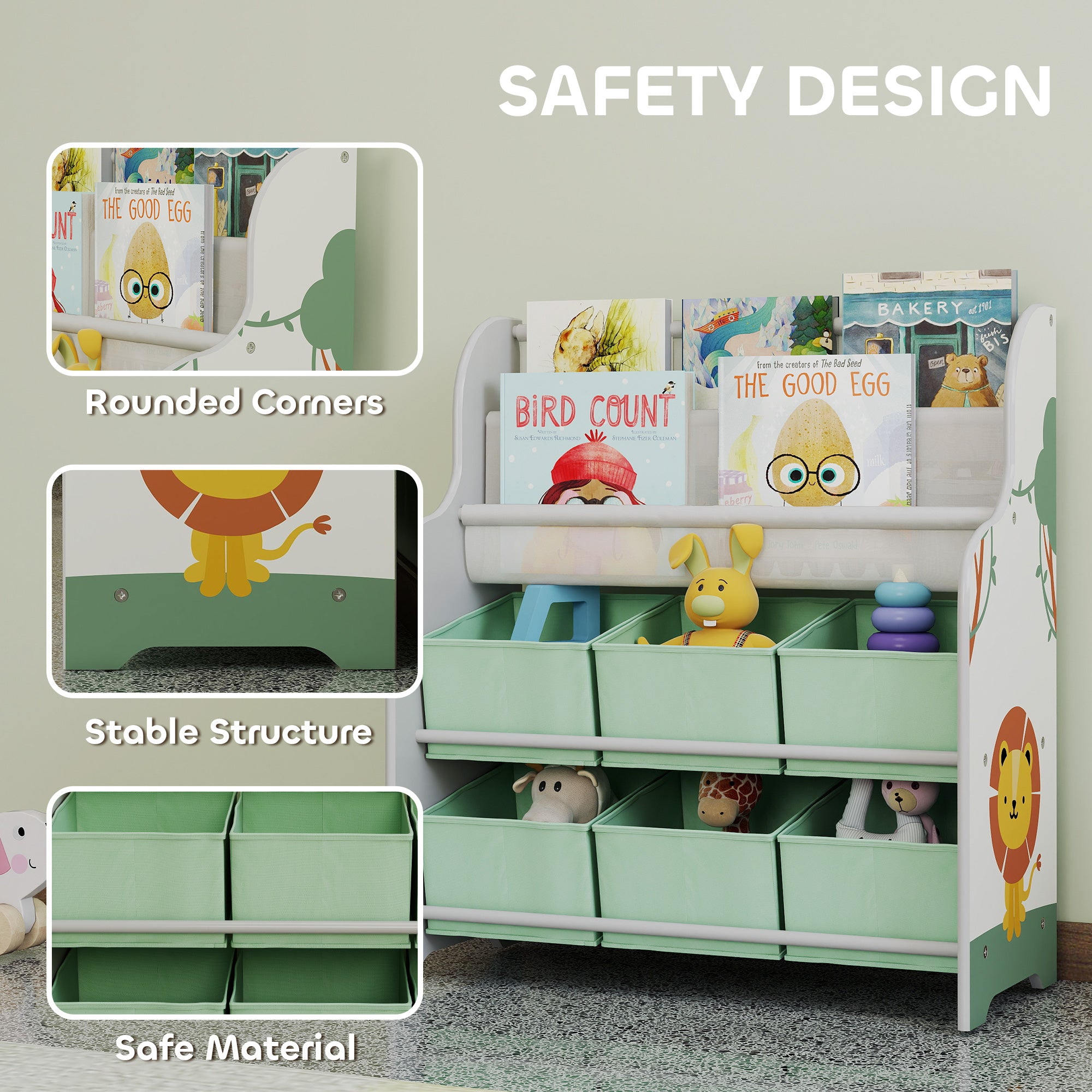 AIYAPLAY Kids Storage Unit, Toy Organiser with 6 Fabric Drawers and 2-Tier Sling Book Rack for Bedroom, Playroom, Nursery, Green 