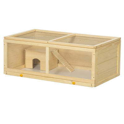 PawHut Wooden Hamster Cage with Sliding Tray, Openable Top, Hut for Syrian Hamsters, Natural Wood 