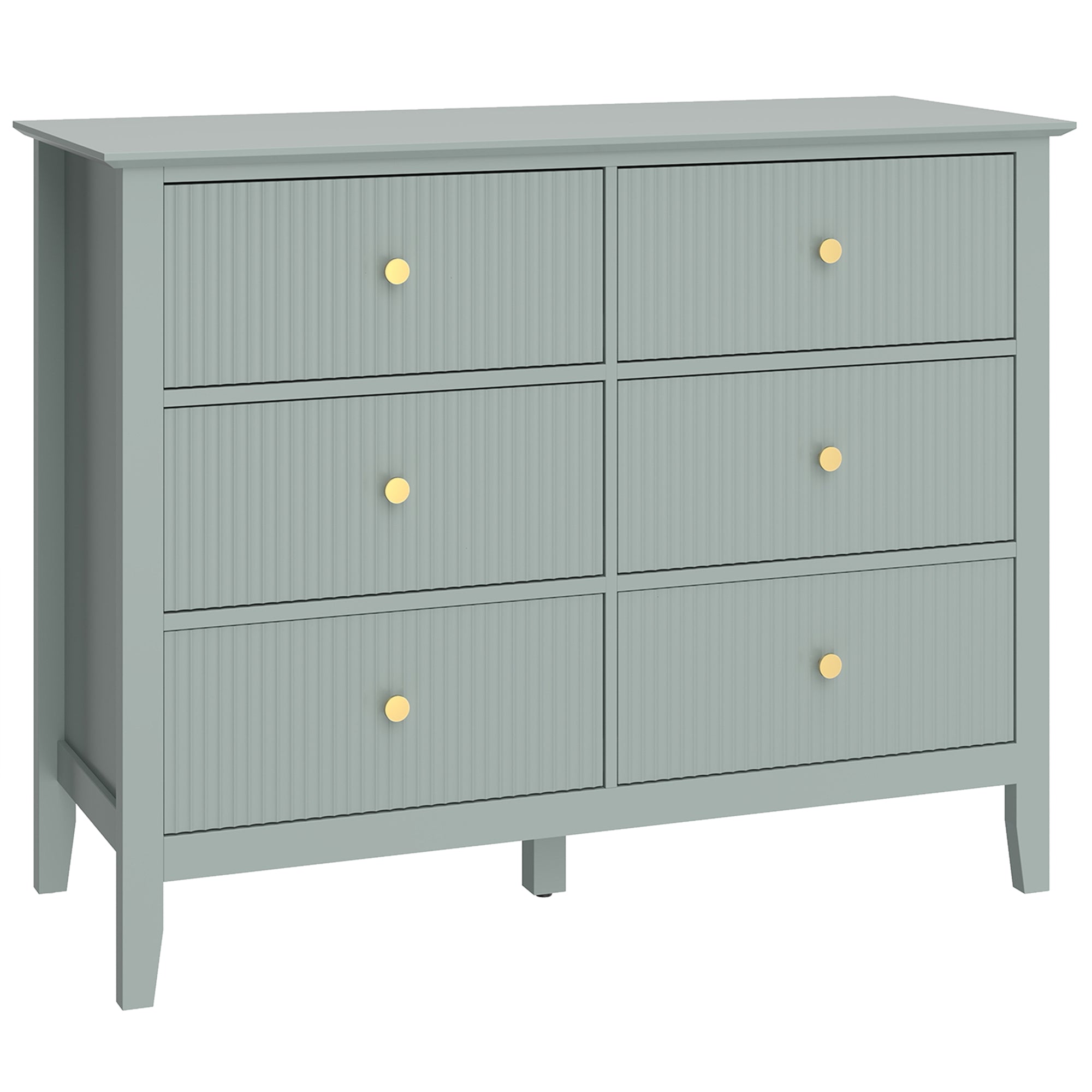 HOMCOM Fluted Dresser, 6 Drawer Chest of Drawers for Bedroom, Living Room, Hallway, Closet, Green 