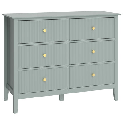 HOMCOM Fluted Dresser, 6 Drawer Chest of Drawers for Bedroom, Living Room, Hallway, Closet, Green 