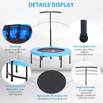 HOMCOM 40'' Fitness Trampoline with Adjustable Handle, Rebounder Trampoline Mini Jumper for Indoor Exercise Workout, Support Up to 100kg, Blue 