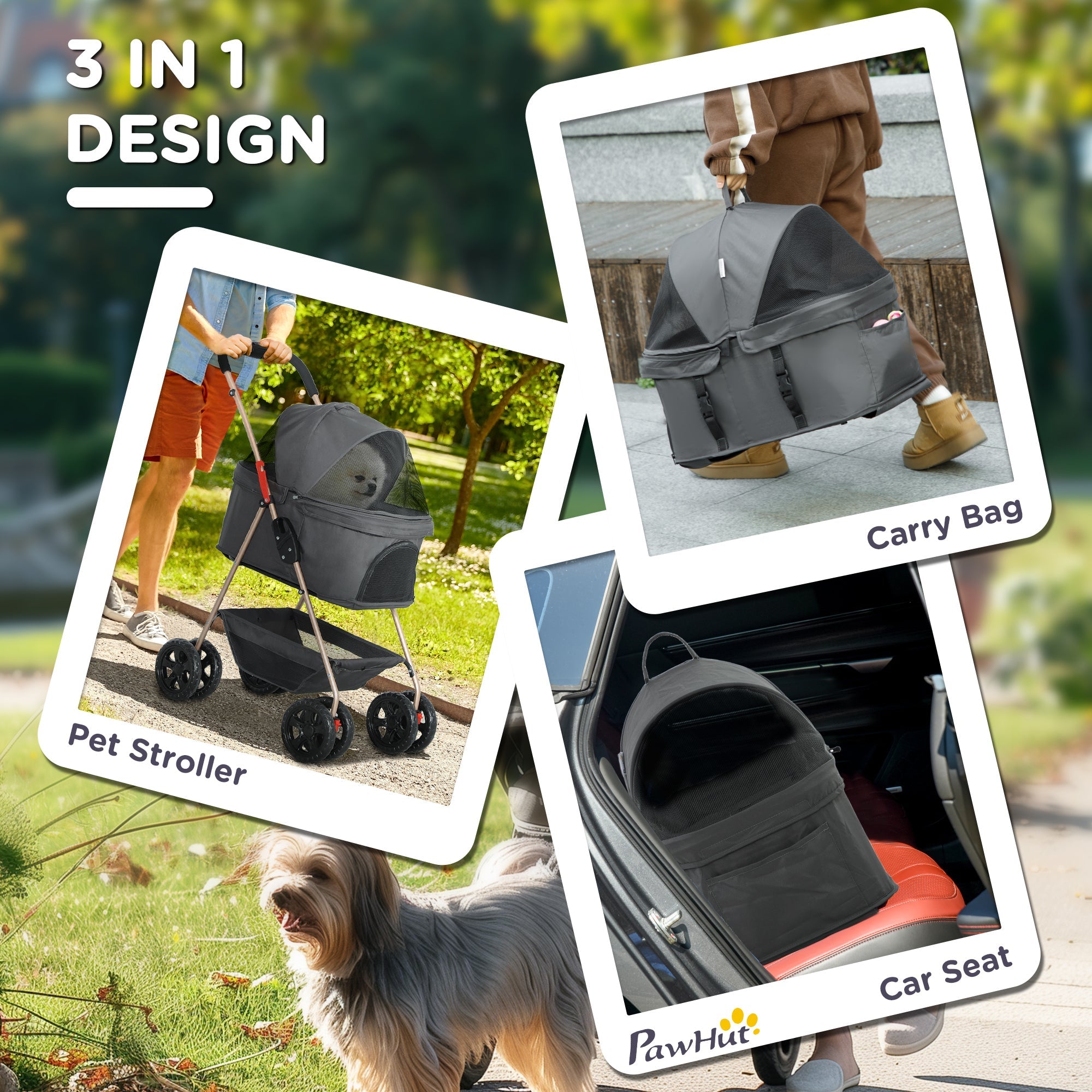PawHut 3 in 1 Pet Stroller, Folding 4 Wheels Dog Pram with Detachable Carrier for Mini Dogs Cats, Grey 