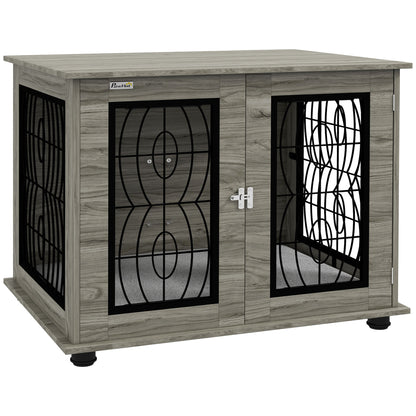 PawHut Indoor Dog Crate Furniture End Table with Soft Washable Cushion, Lockable Front Door, for Medium Dogs - Black 