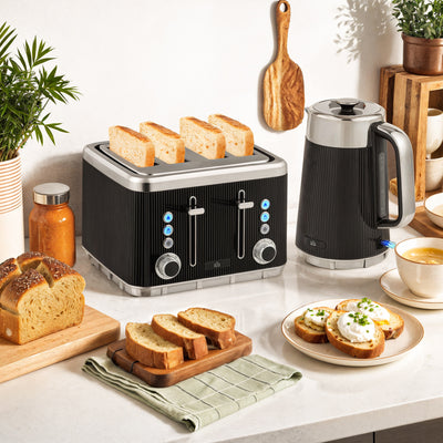 HOMCOM Electric Stainless Steel Kettle and Toaster Set, 3000W 1.7L UK Strix Thermostat Fast Boil Kettle w/ Limescale Filter, Cool Touch Body, 4 Slice Toaster with 7 Browning Levels, Crumb Tray, Black 