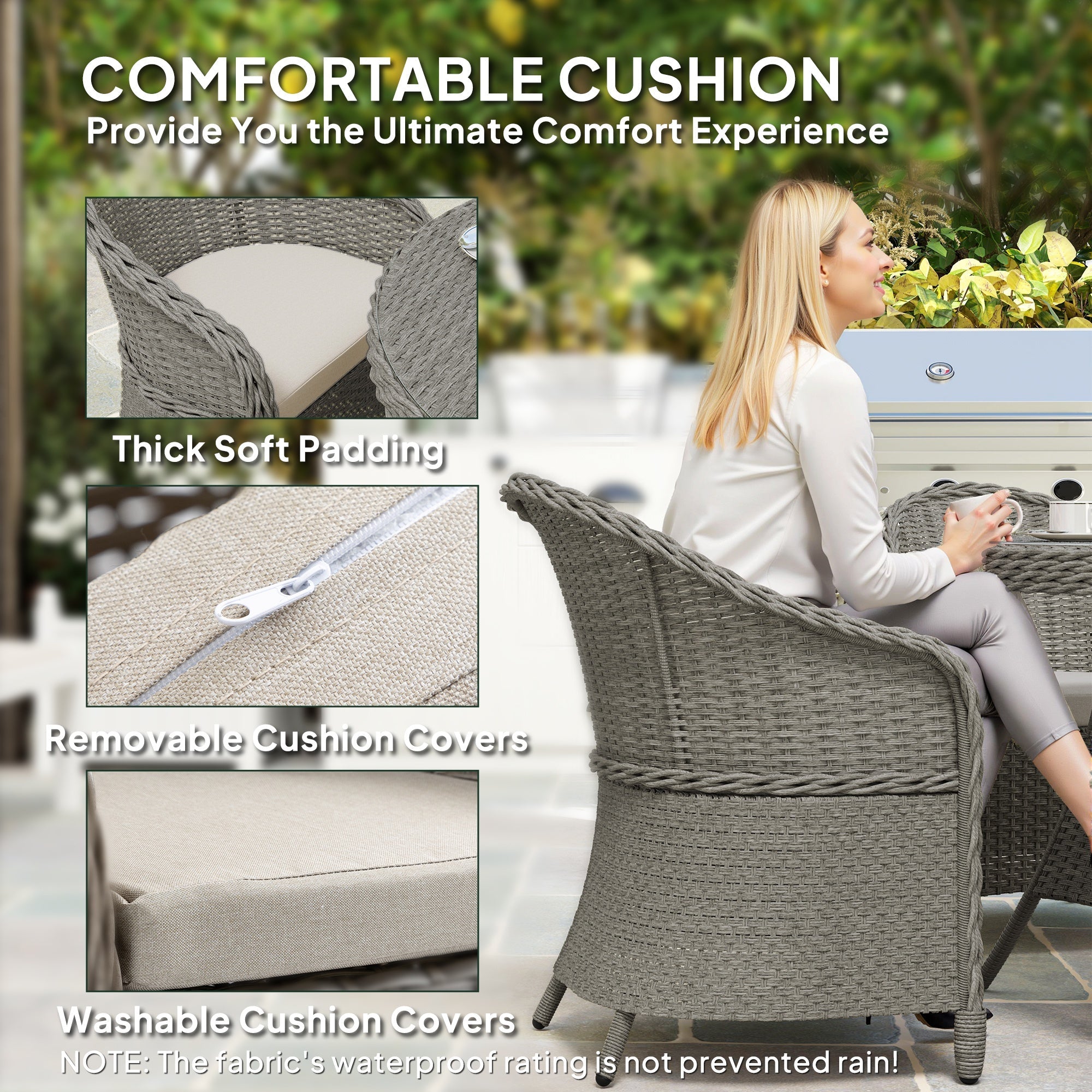 Outsunny 4 Seater Rattan Garden Furniture Set with Cushions, Round PE Rattan Dining Set with Glass-Top Table, Umbrella Hole, Outdoor Garden Table and Chairs, Grey 