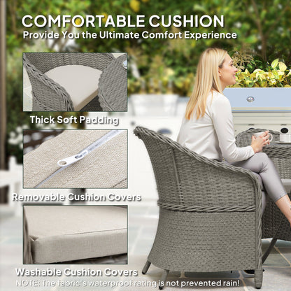 Outsunny 4 Seater Rattan Garden Furniture Set with Cushions, Round PE Rattan Dining Set with Glass-Top Table, Umbrella Hole, Outdoor Garden Table and Chairs, Grey 