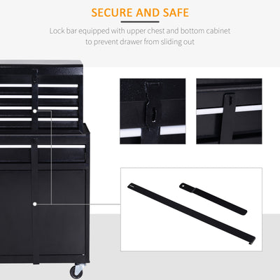 DURHAND Tool Chest 2 in 1 Metal Tool Cabinet Storage Box with 5 Drawers Pegboard Wheels 60x28x104.5cm Black 