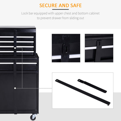 DURHAND Tool Chest 2 in 1 Metal Tool Cabinet Storage Box with 5 Drawers Pegboard Wheels 60x28x104.5cm Black 
