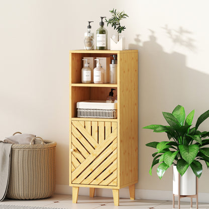 HOMCOM Slim Bathroom Cabinet with Bamboo Door and Legs, Narrow Bathroom Storage Cabinet, Freestanding Storage Cupboard with Open Compartments, 32 x 30 x 90 cm, Natural Wood Finish