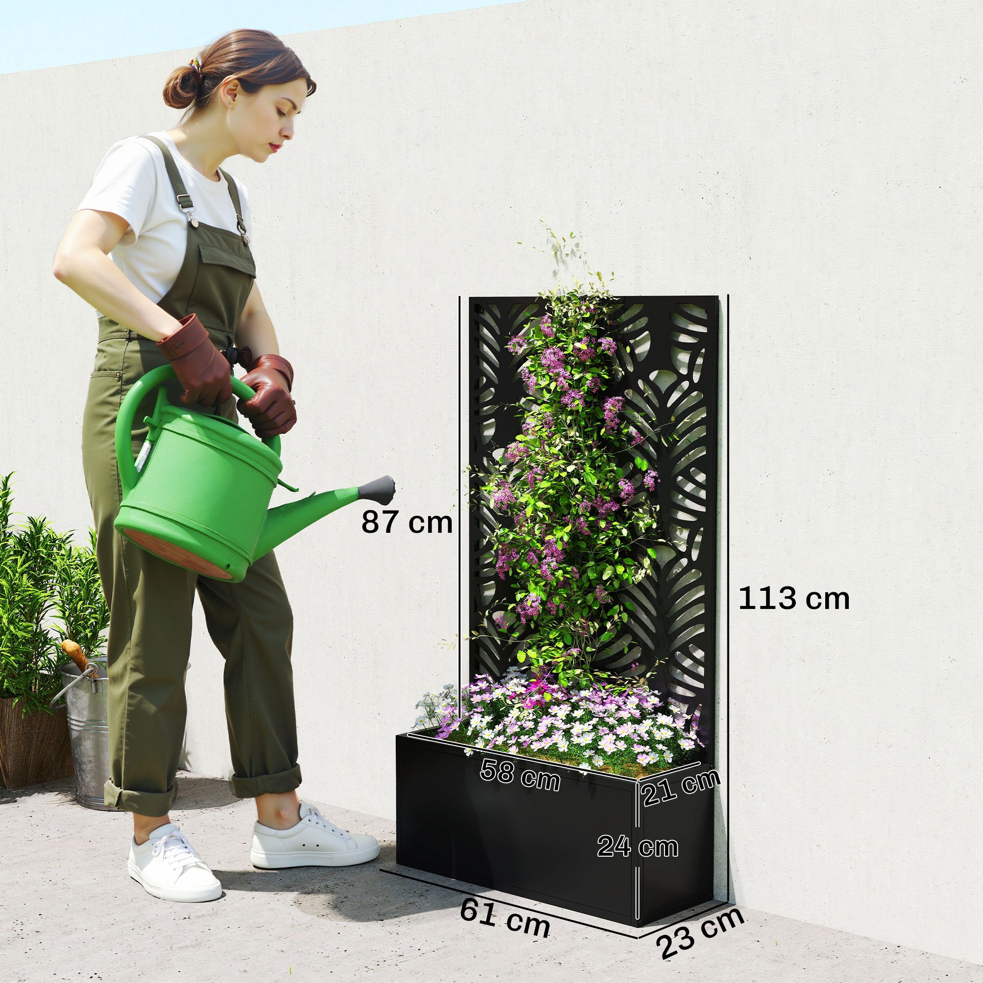 Outsunny Metal Garden Bed for Garden with Trellis, Wall Mounted or Freestanding Raised Planter with Privacy Screen 