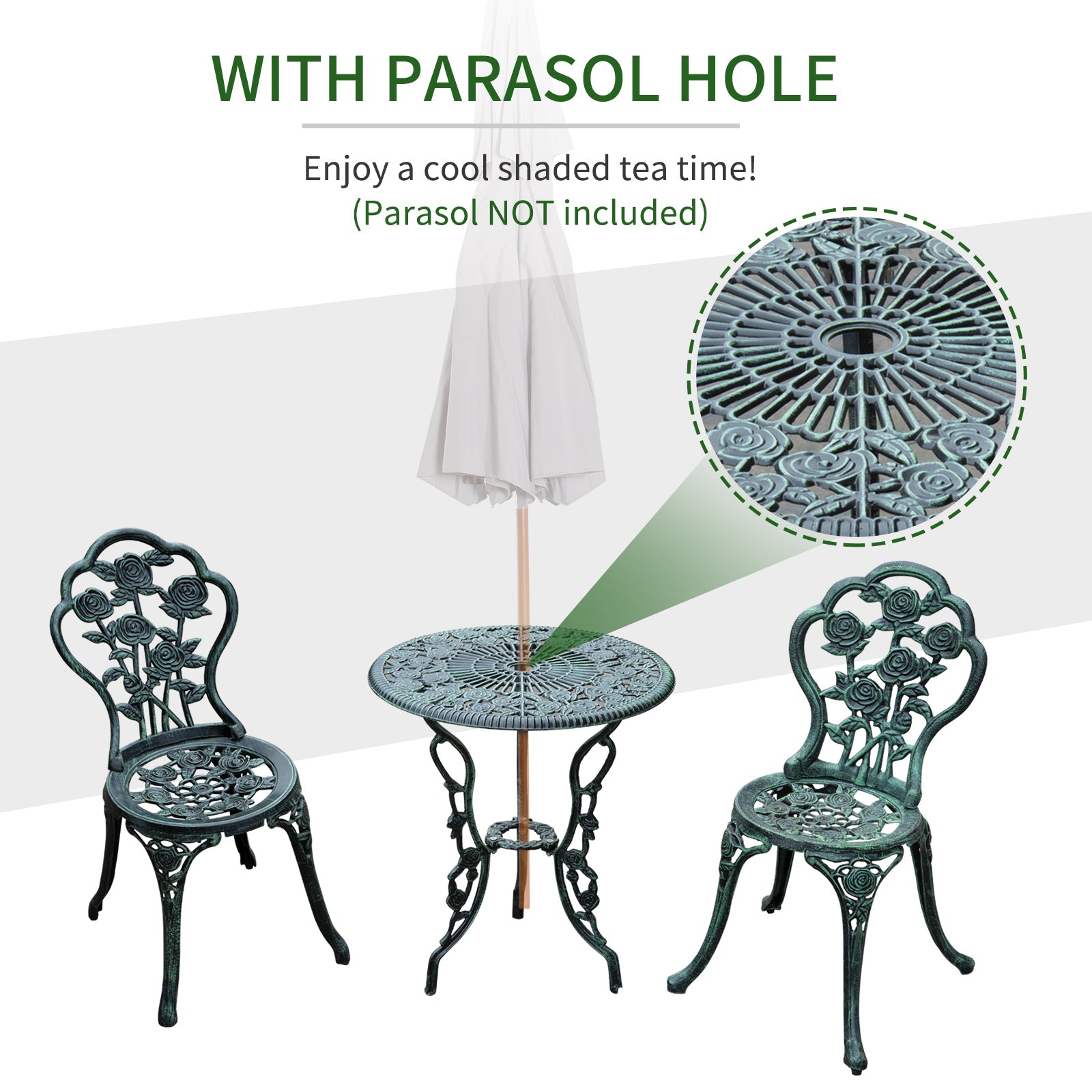 Outsunny Cast Aluminium Outdoor Patio Garden Bistro Elegant Design Table Chair Set - Green (3-Piece) 