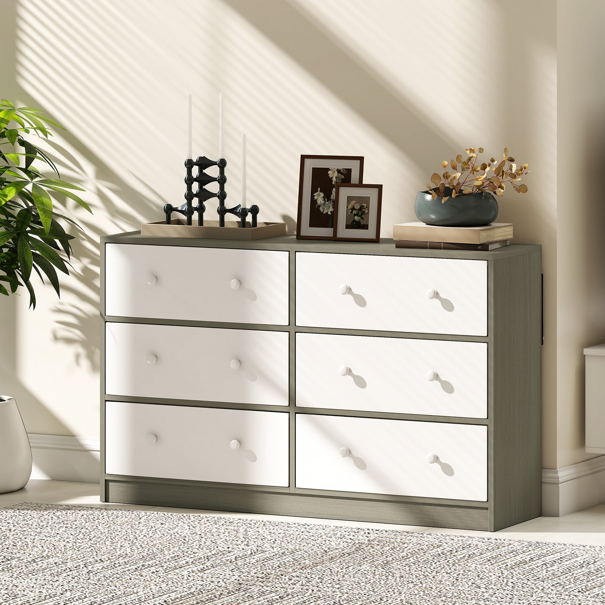 HOMCOM Chest of Drawers, Dresser with 6 Fabric Drawers - White and Grey