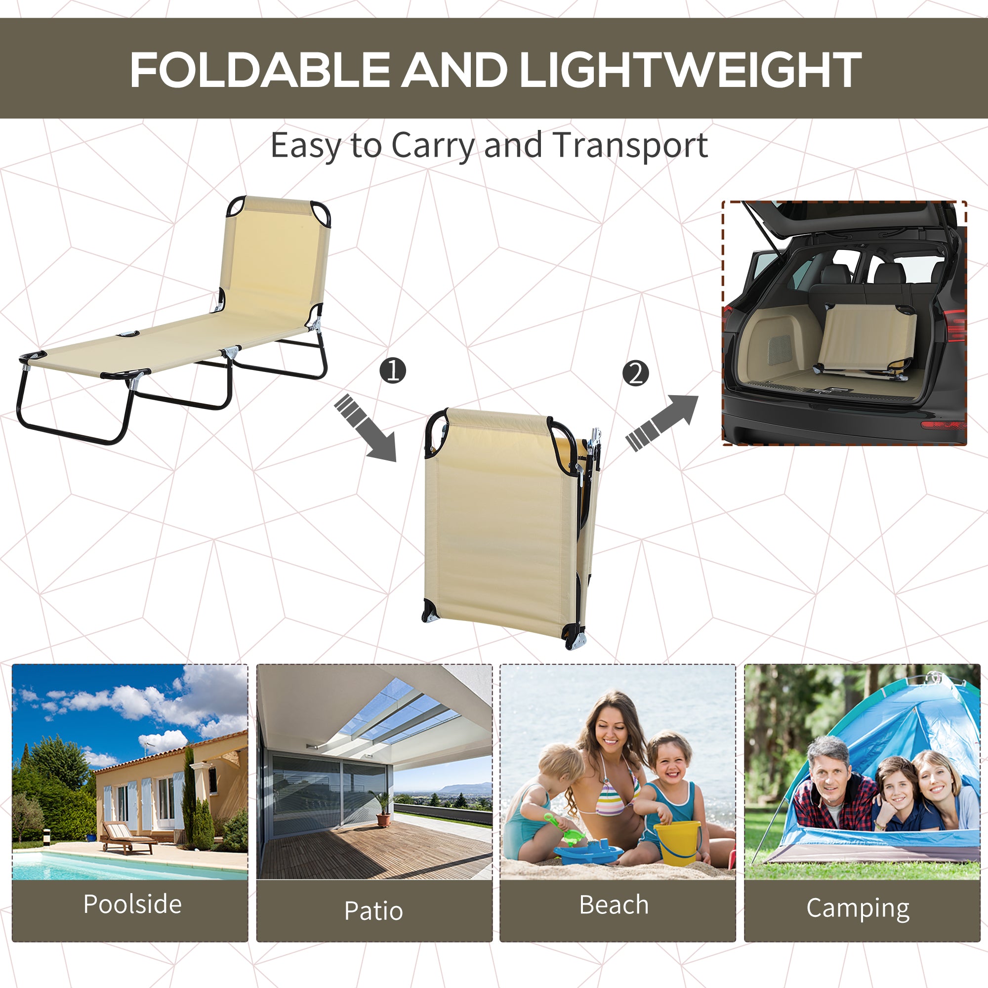 Outsunny Foldable Sun Lounger with 5-Position Adjustable Backrest, Outdoor Portable Recliner Chaise Lounge Chair with Breathable Mesh Fabric, Beige 