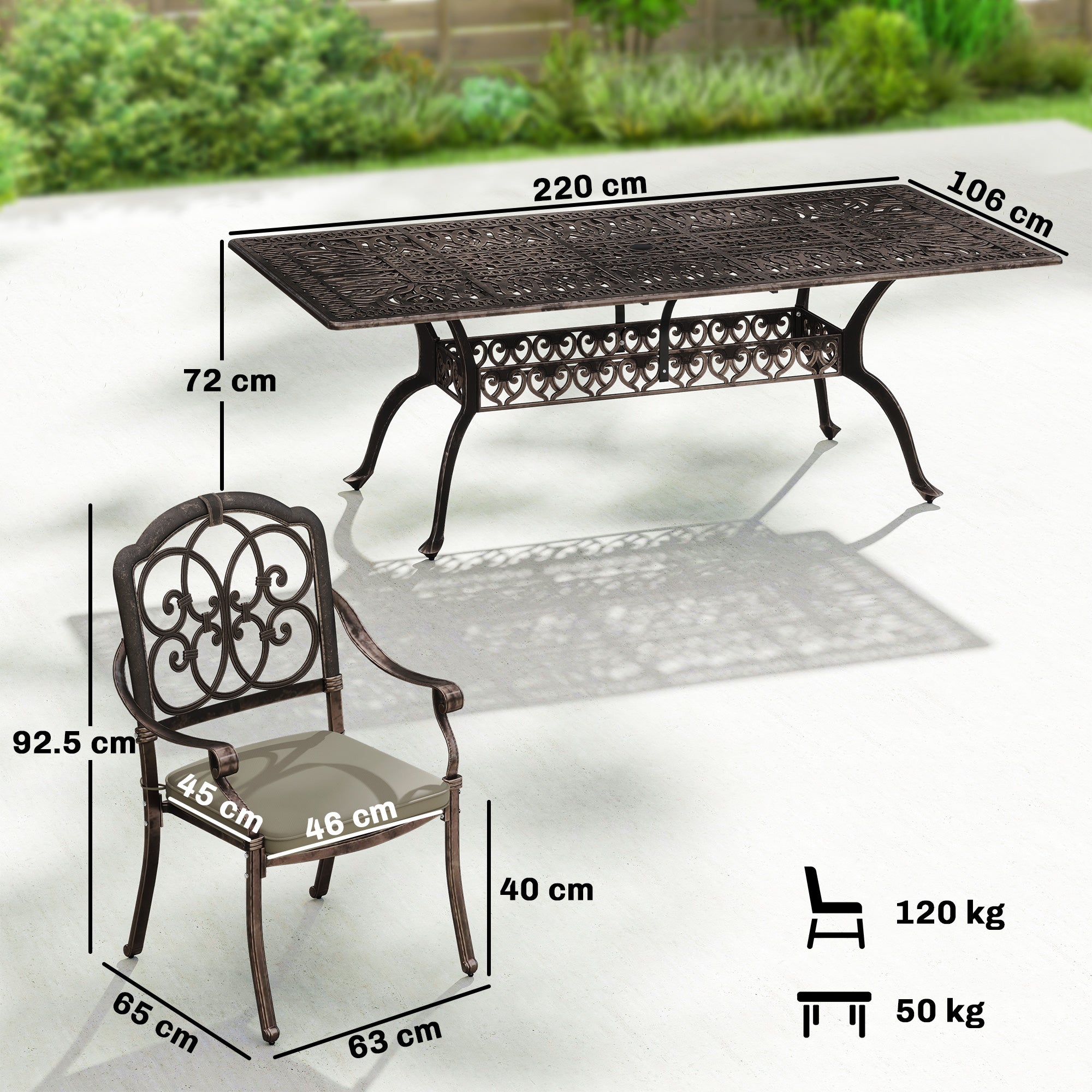 Outsunny 9 Piece Cast Aluminium Garden Dining Set, Garden Table and Chairs Set with Cushions, Parasol Hole for Patio, Bronze Tone 