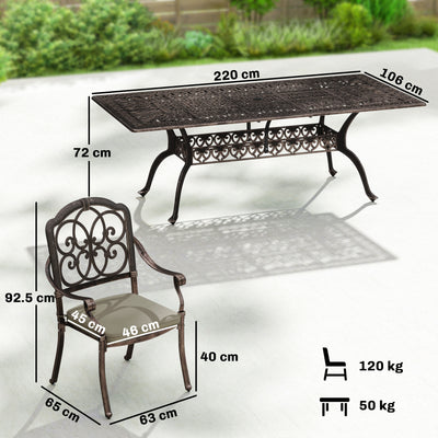 Outsunny 9 Piece Cast Aluminium Garden Dining Set, Garden Table and Chairs Set with Cushions, Parasol Hole for Patio, Bronze Tone 