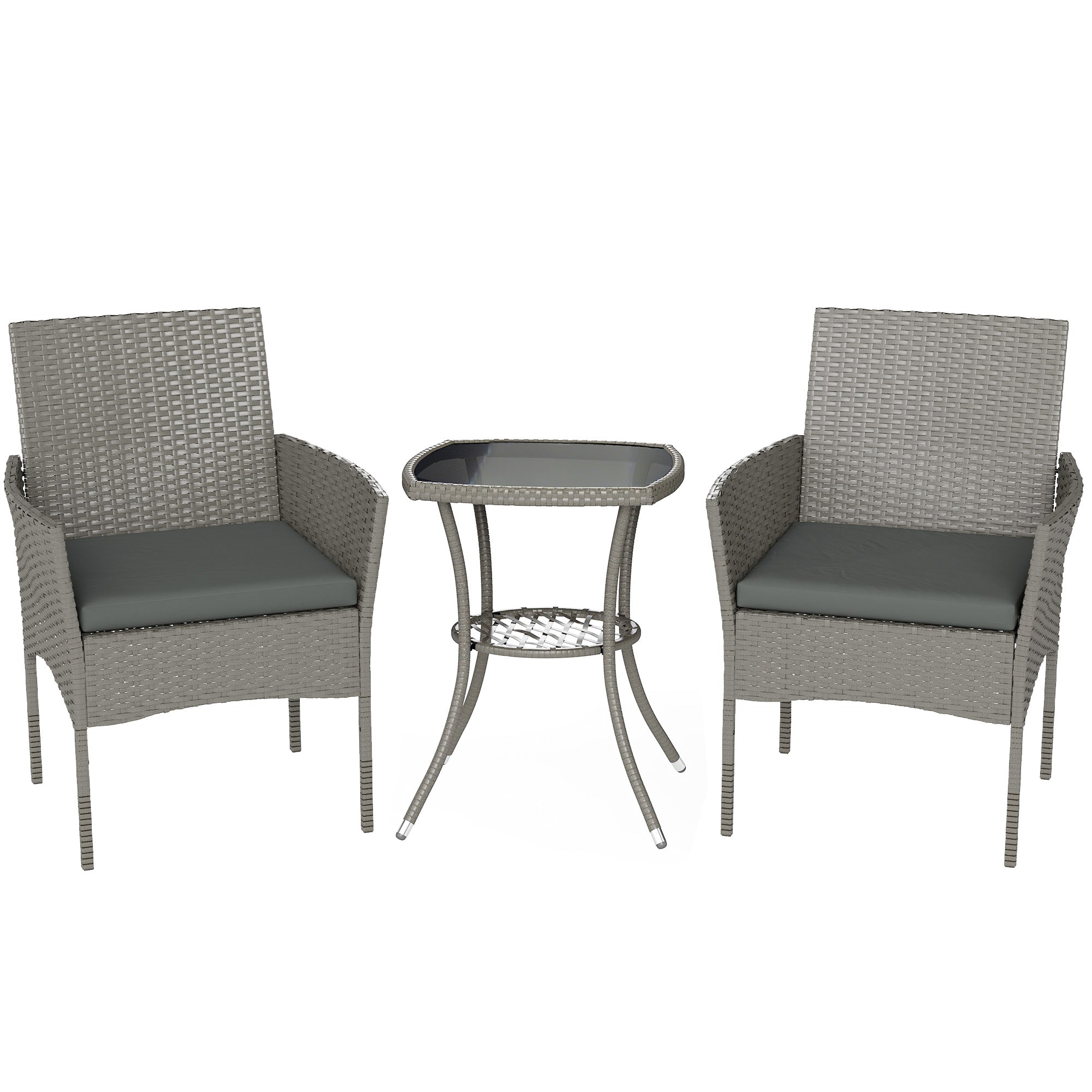 Outsunny 3 Piece Rattan Bistro Set, PE Wicker Garden Furniture Conversation Set with 2 Tier Glass-Top Table, Chairs, Dark Grey 
