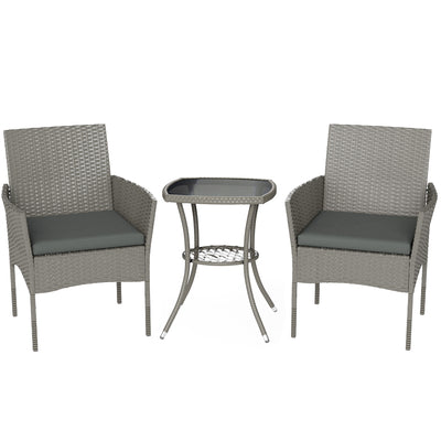 Outsunny 3 Piece Rattan Bistro Set, PE Wicker Garden Furniture Conversation Set with 2 Tier Glass-Top Table, Chairs, Dark Grey 