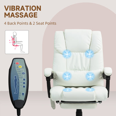 Vinsetto 6-Point Massage Office Chair, PU Leather Desk Chair with Adjustable Height and Footrest for Home Office, White 