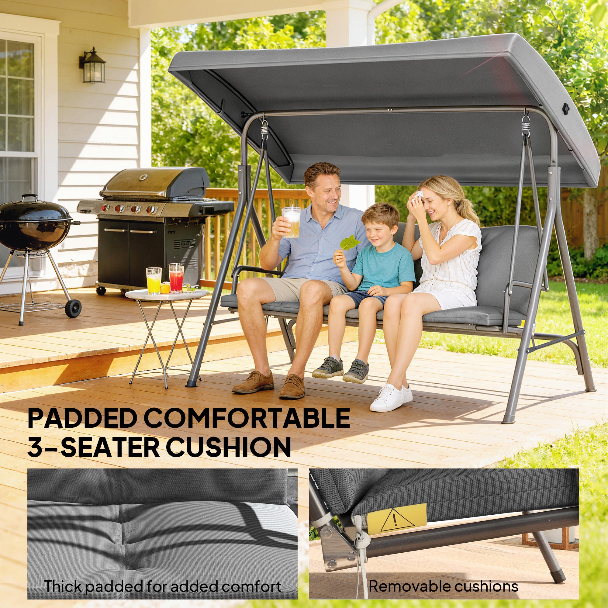 Outsunny 3 Seater Garden Swing Chair, Patio Rocking Bench with Tilting Canopy, Removable Cushion and Steel Frame, Dark Grey 