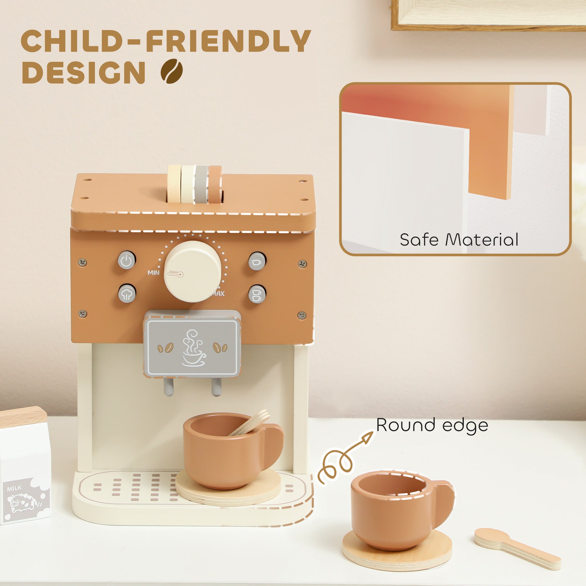AIYAPLAY Kids Wooden Coffee Machine Toy, Pretend Play Kitchen Accessories Gift for Boys and Girls Ages 3+ 