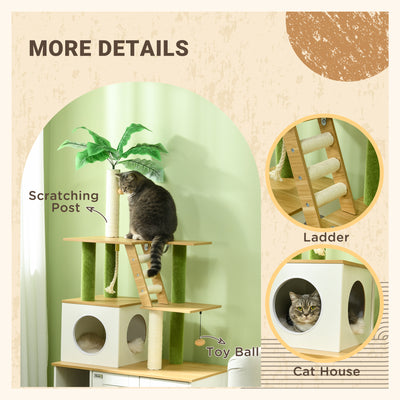 PawHut 2-in-1 Hidden Cat Litter Box, Green Leaf Cat Tree, with House, Ladder, Scratching Posts, Platforms, Indoors -Oak 