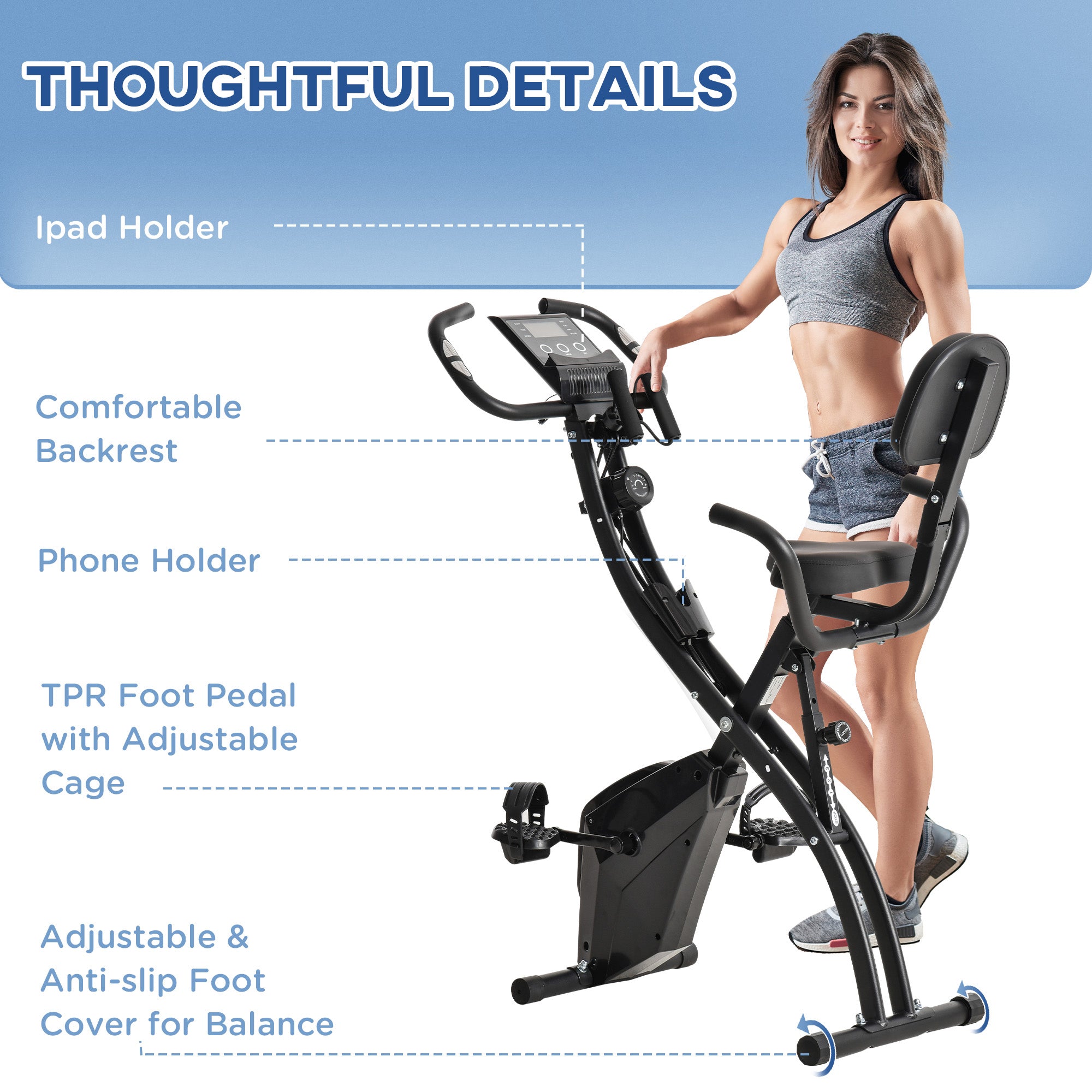 HOMCOM 2-in-1 Folding Exercise Bike with 8-Level Magnetic Resistance, Arm Resistance Band, Pulse Sensor, Black 