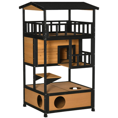 PawHut Wooden Outdoor Cat House 3-Tier for Winter Kitten Shelter Lodge w/ Tilted Roof Terrace Jump Step Bottom Tray Elevated Base Waterproof Paint Yellow 