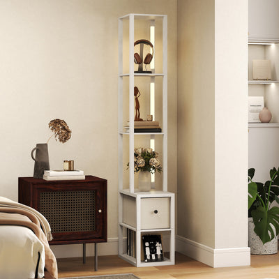HOMCOM Floor Lamp with Shelves, LED Column Modern Standing Lamp with Fabric Drawer, Adjustable Brightness, Foot Switch for Living Room, Bedroom, Office, White 