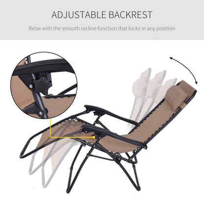 Outsunny Zero Gravity Chair Metal Frame Texteline Armchair Outdoor Folding and Reclining Sun Lounger with Head Pillow for Patio Decking Gardens Camping, Beige 