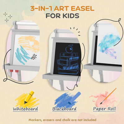 AIYAPLAY 3 in 1 Kids Easel Double-Sided Magnetic Whiteboard and Chalkboard with Paper Roll, Storage Baskets - Grey 