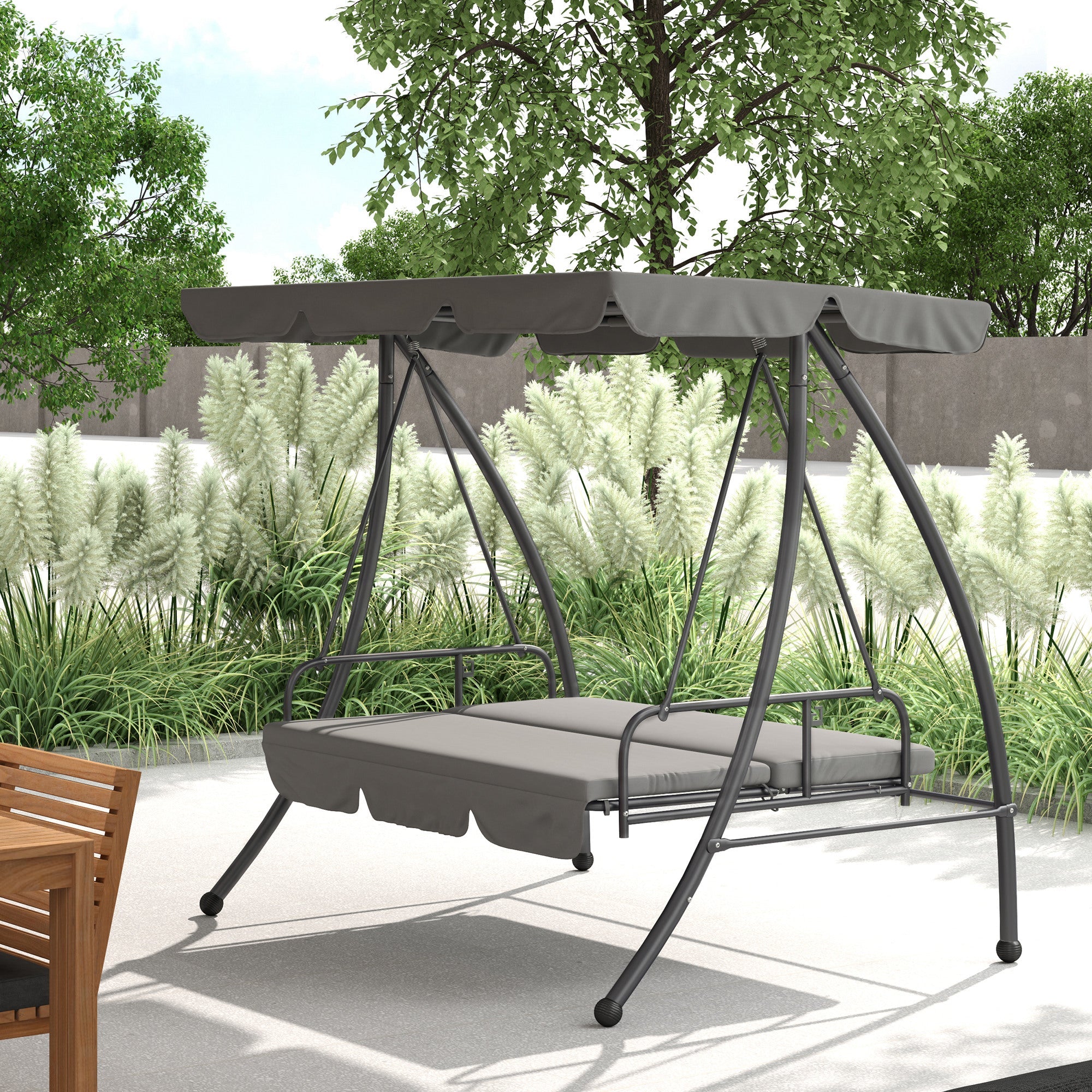 Outsunny Outdoor 2-in-1 Swing Chair Lounger 3 Seater Garden Swing Seat Bed Convertible Tilt Canopy W/ Cushion, Light Grey 