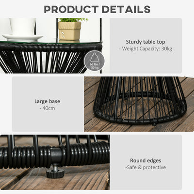 Outsunny Round End Table, Rattan Side Table, Hollow Drum Design Coffee Table w/ Glass Tabletop for Patio, Garden, Balcony Black 