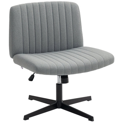 HOMCOM Armless Office Chair No Wheels, Linen Fabric Criss Cross Legged Desk Chair with Wide Seat, Thick Padding, Tilt Function, Height Adjustable Swivel Computer Seat for Home, Grey 