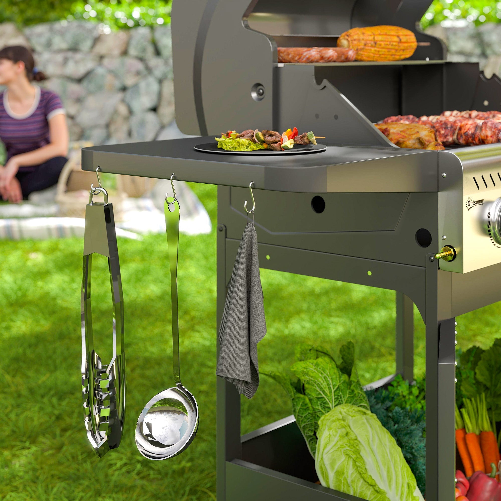 Outsunny 7.5kW Three-Burner Gas BBQ Grill, with See-Through Lid - Black 