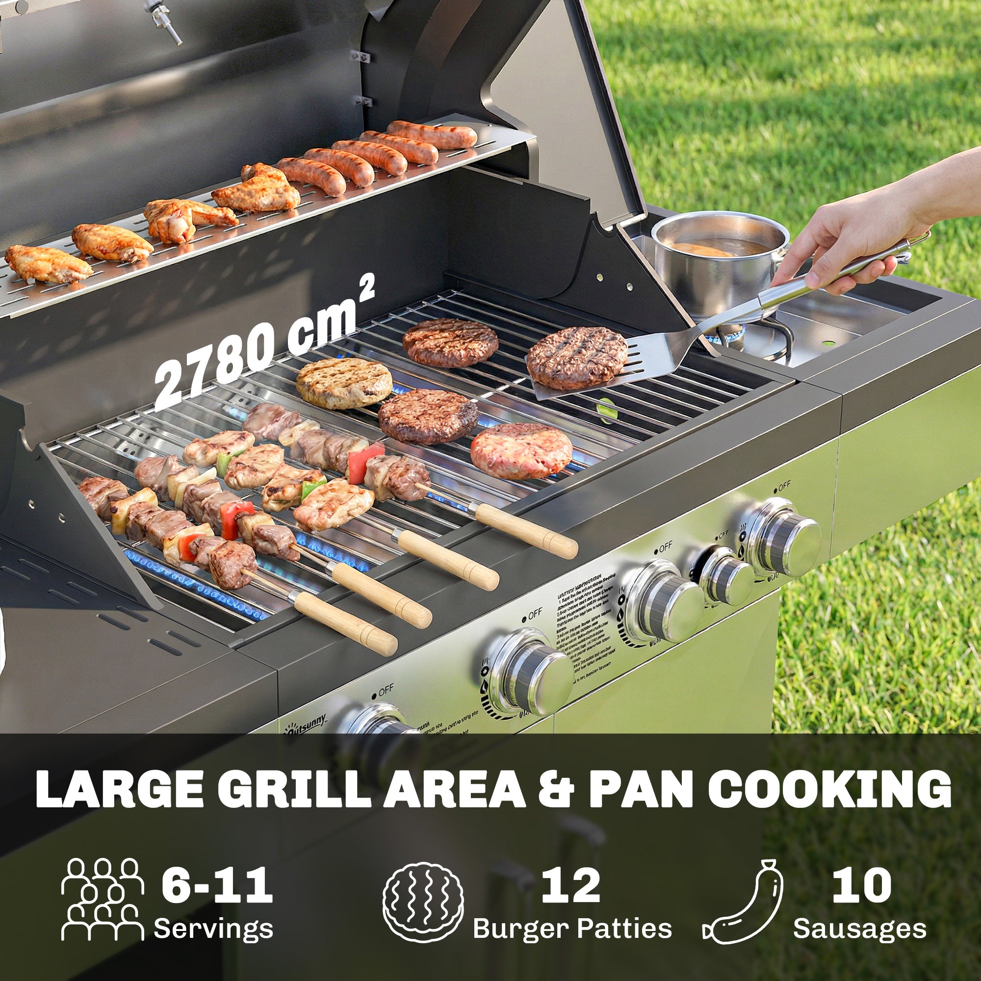 Outsunny 4+1 Burner Gas BBQ Grill, Portable Gas Barbecue Grill with Side Burner, Warming Rack, Side Shelf, Storage Cabinet 