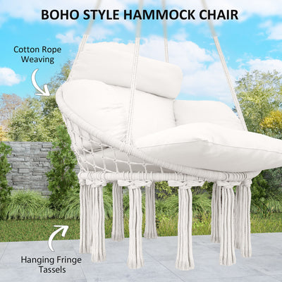 Outsunny Hanging Chair Outdoor Hammock Chair with Soft Cushion, Cotton Rope Boho Style Swing Chair, Hanging Garden Swing Seat for Indoor Outdoor, Cream White 