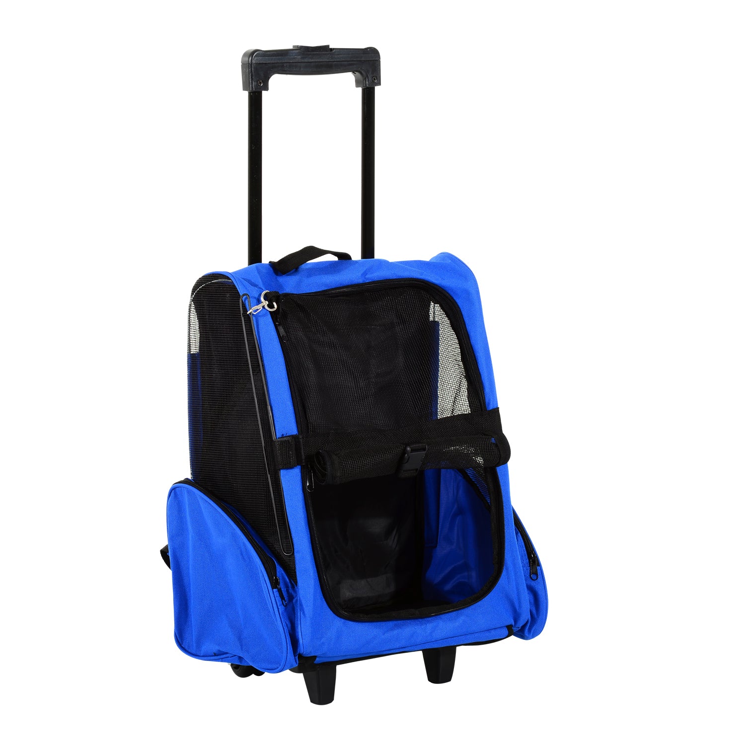 PawHut Pet Travel Backpack Bag Cat Puppy Dog Carrier w/ Trolley and Telescopic Handle Portable Stroller Wheel Luggage Bag (Blue) 