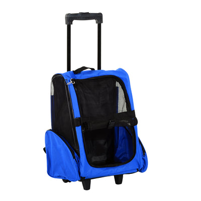 PawHut Pet Travel Backpack Bag Cat Puppy Dog Carrier w/ Trolley and Telescopic Handle Portable Stroller Wheel Luggage Bag (Blue) 
