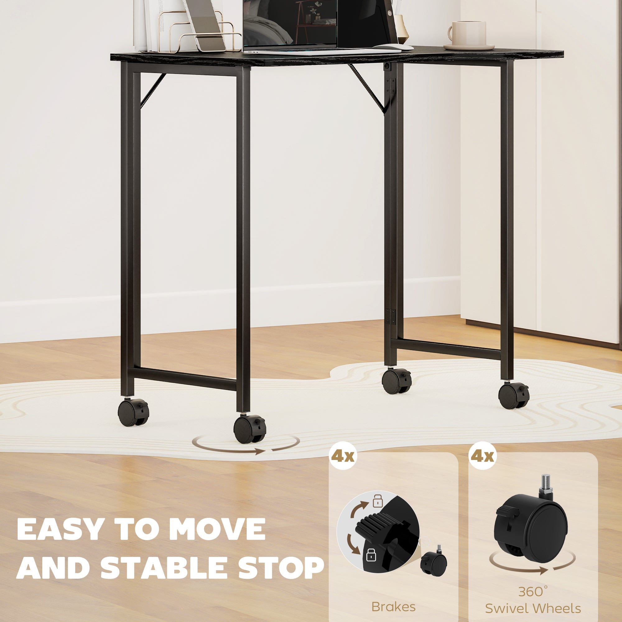 HOMCOM Folding Small Desk on Wheels - Black Wood Effect 