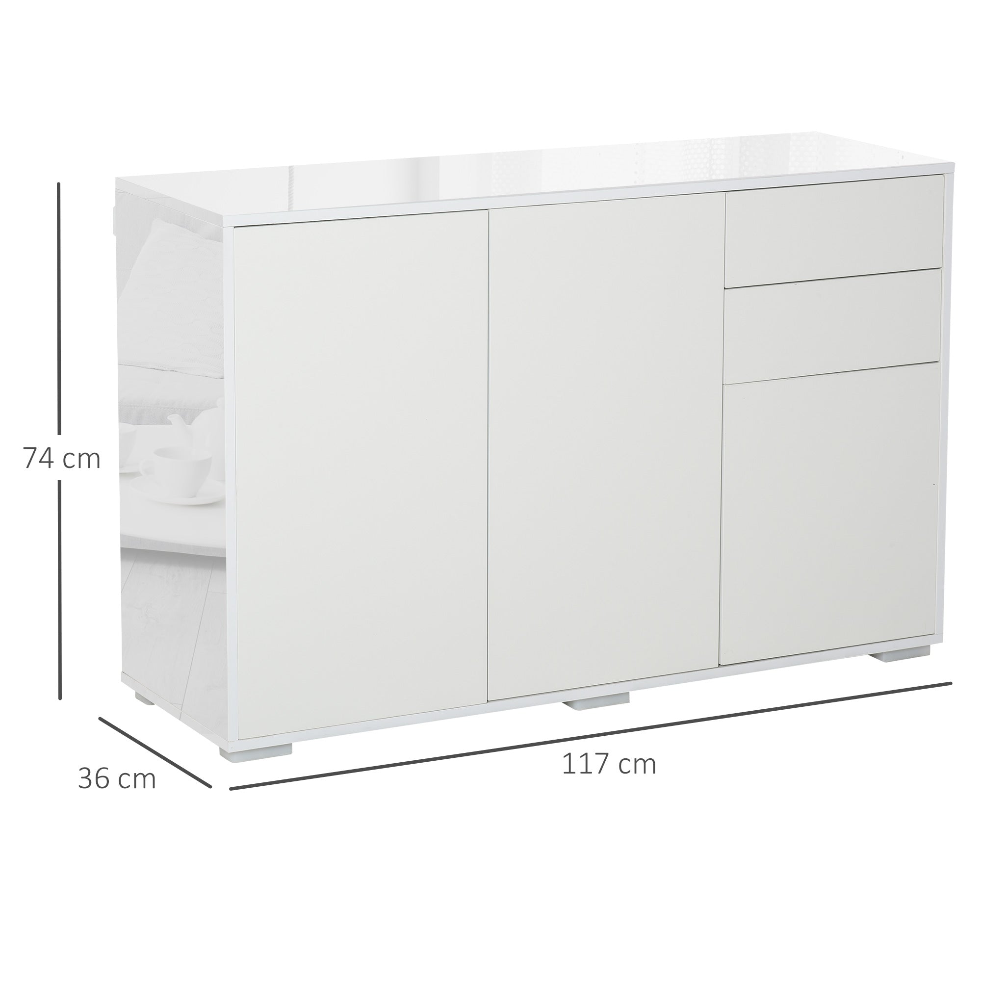 HOMCOM High Gloss Side Cabinet, Push-Open Design with 2 Drawers and 2 Cabinets for Living Room, 74H x 117W x 36Dcm, White 