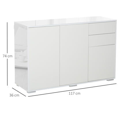 HOMCOM High Gloss Side Cabinet, Push-Open Design with 2 Drawers and 2 Cabinets for Living Room, 74H x 117W x 36Dcm, White 