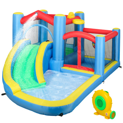 AIYAPLAY Inflatable Bouncy Castle with 550W Blower, Basketball Hoop, Long Slide, Dart Board, Carrying Bag, 385 x 290 x 180 cm 